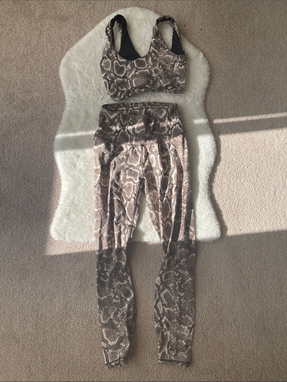 Varley Snake Print Sports Bra and Leggings Set in Brown and Black